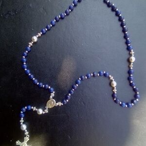 Blue and Silver Metallic Beaded Rosary Necklace with Polished Finish